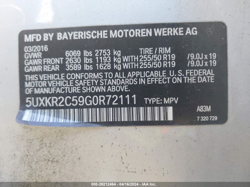 5UXKR2C59G0R72111 2016 BMW X5 Sdrive35I