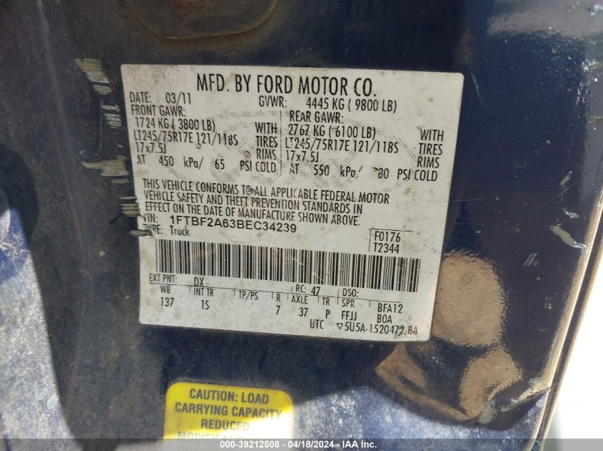 2011 Ford F-250 VIN: 1FTBF2A63BEC34239 Lot: 39212508