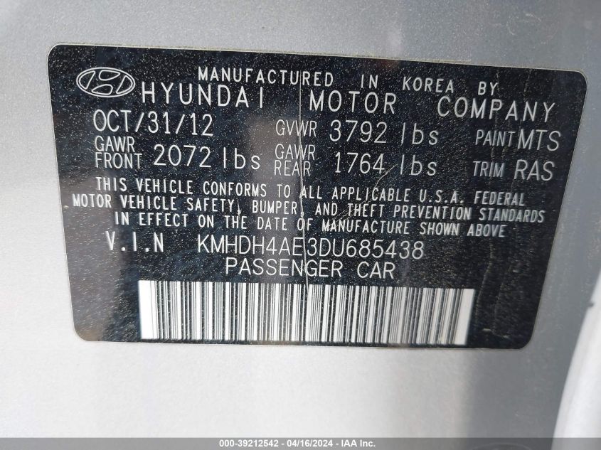 KMHDH4AE3DU685438 | 2013 HYUNDAI ELANTRA