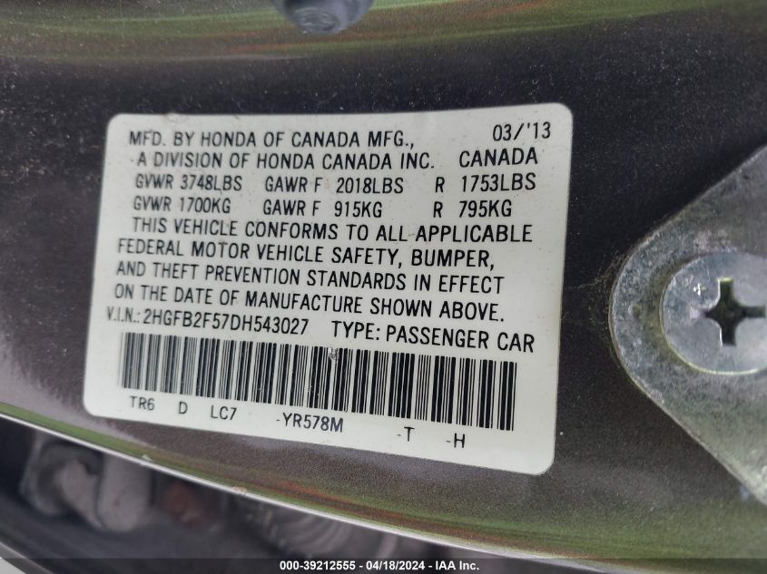 2013 Honda Civic Lx VIN: 2HGFB2F57DH543027 Lot: 39212555