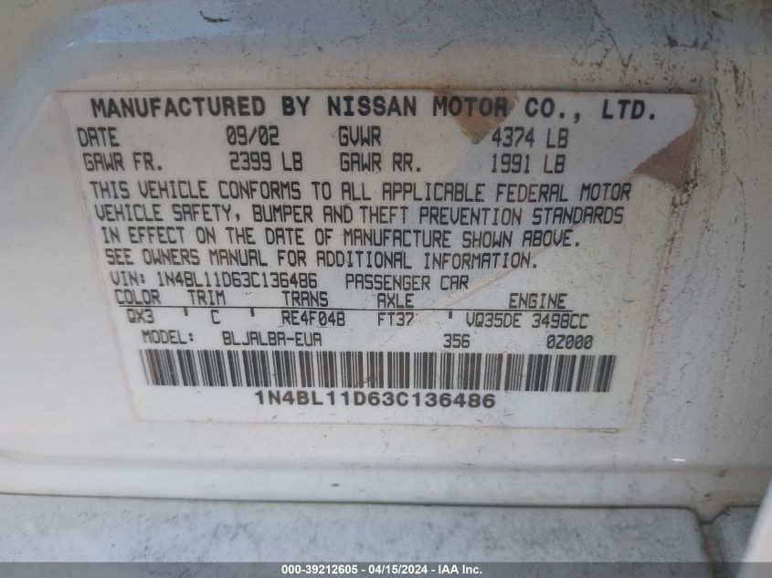 1N4BL11D63C136486 2003 Nissan Altima 3.5 Se