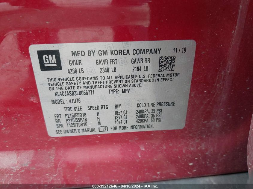 2020 Buick Encore Fwd Preferred VIN: KL4CJASB3LB066771 Lot: 39212646