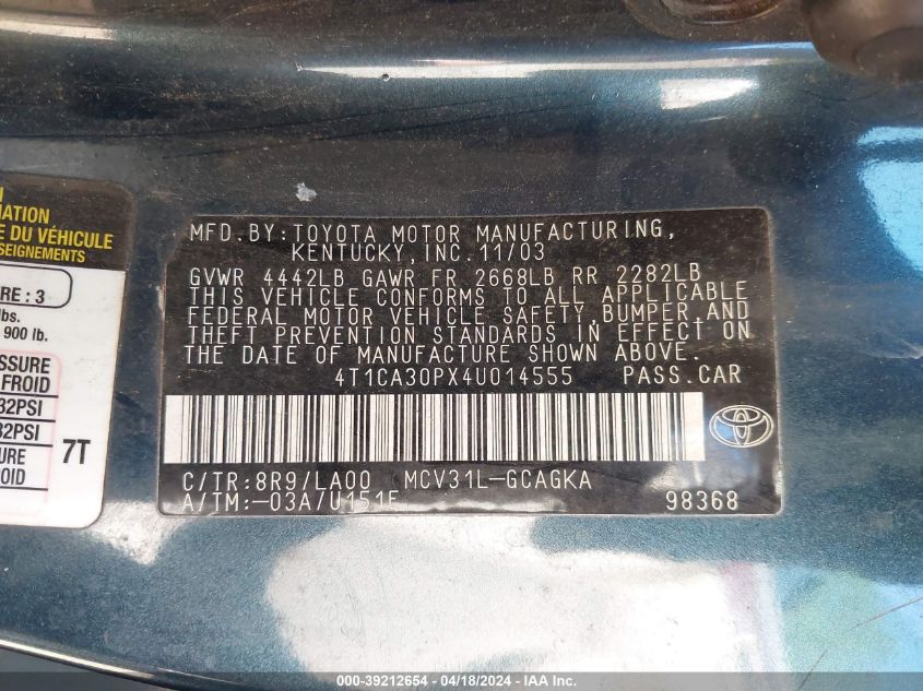 2004 Toyota Camry Solara Sle V6 VIN: 4T1CA30PX4U014555 Lot: 39212654