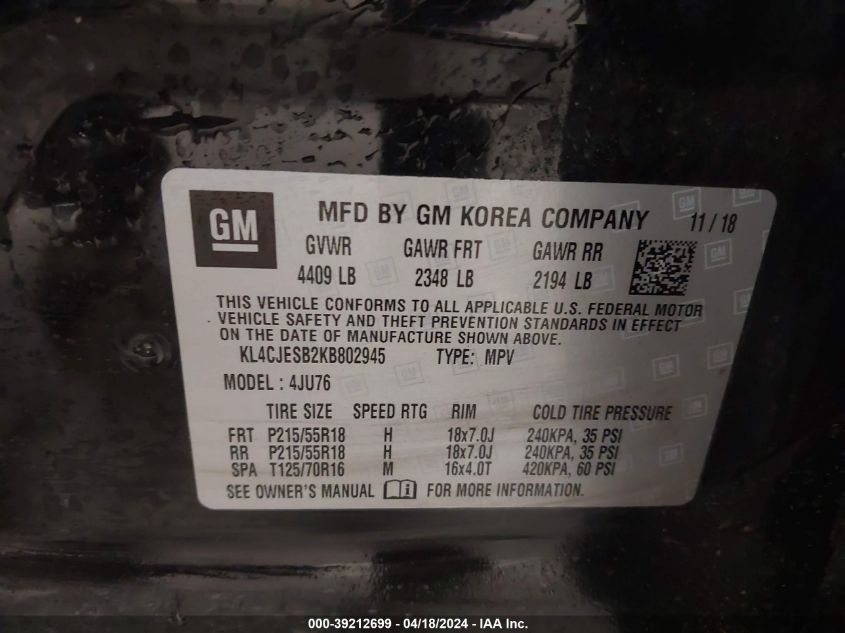 2019 Buick Encore Awd Preferred VIN: KL4CJESB2KB802945 Lot: 39212699