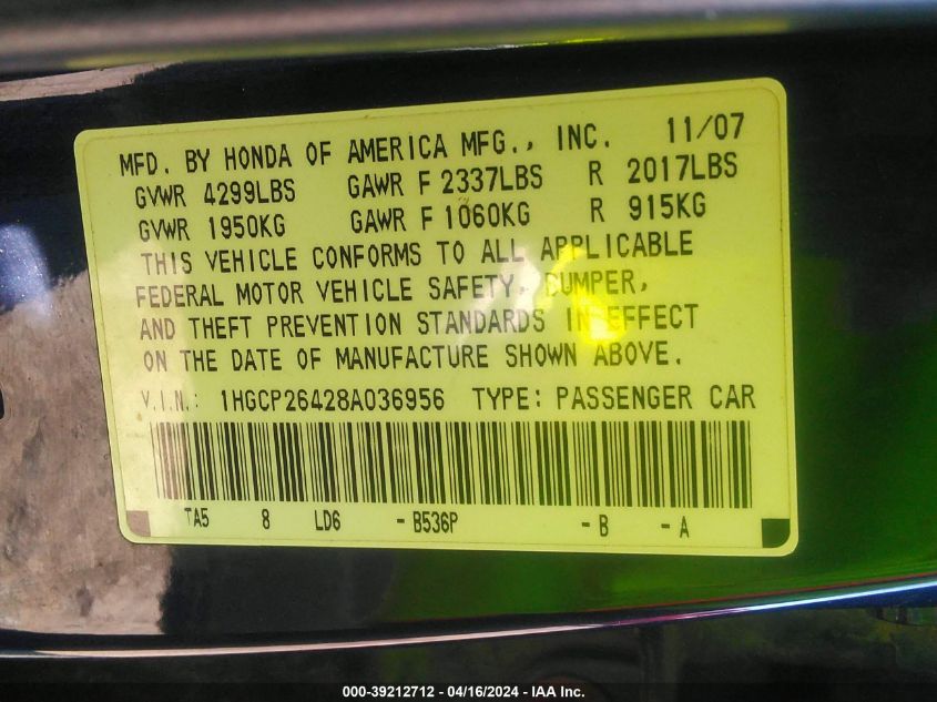 1HGCP26428A036956 | 2008 HONDA ACCORD