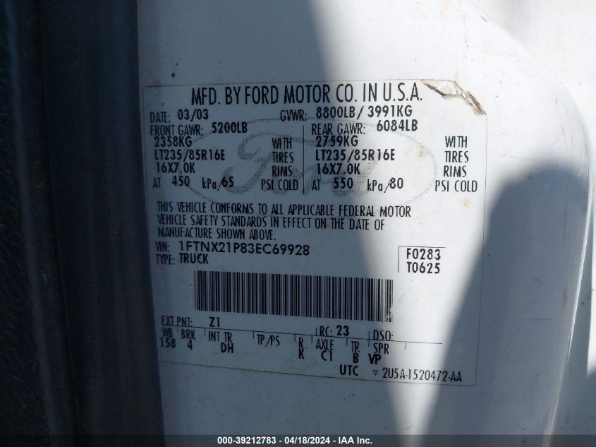 2003 Ford F-250 Lariat/Xl/Xlt VIN: 1FTNX21P83EC69928 Lot: 39212783