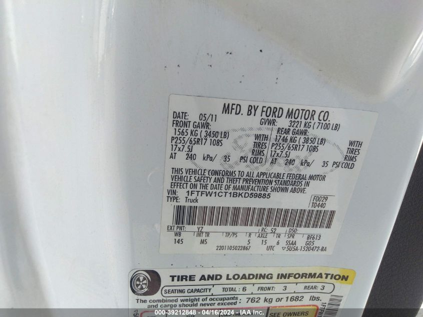 2011 Ford F-150 Xlt VIN: 1FTFW1CT1BKD59885 Lot: 39212848