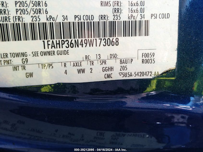 1FAHP36N49W173068 | 2009 FORD FOCUS