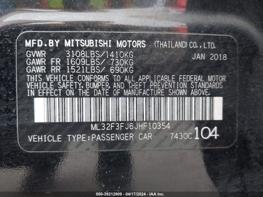 VIN ML32F3FJ6JHF10354 2018 MITSUBISHI MIRAGE G4 ES