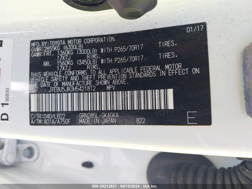 2017 TOYOTA 4RUNNER VIN: JTEBU5JR3H5421812