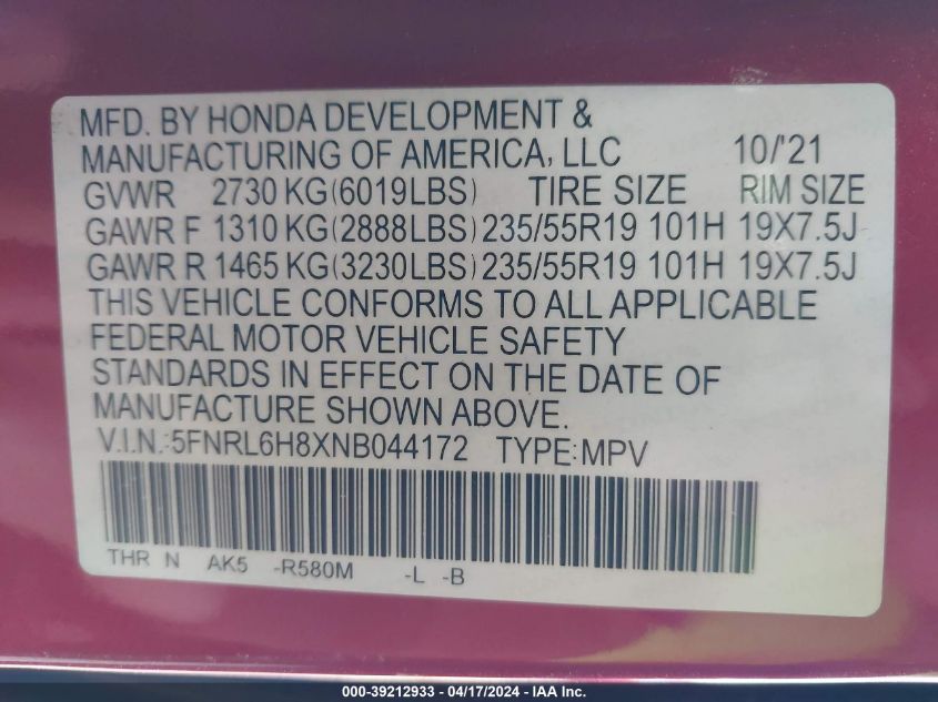 2022 Honda Odyssey Touring VIN: 5FNRL6H8XNB044172 Lot: 39212933