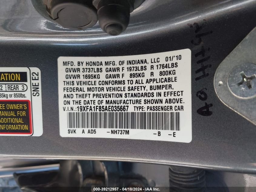 2010 Honda Civic Ex VIN: 19XFA1F85AE035667 Lot: 39212957