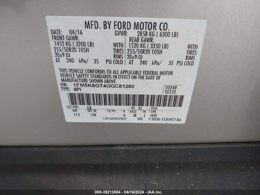 2016 FORD EXPLORER SPORT - 1FM5K8GT4GGC81280