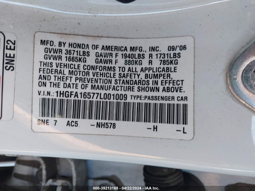 2007 Honda Civic Lx VIN: 1HGFA16577L001009 Lot: 39213188