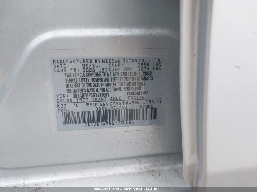 2016 Nissan Sentra Fe+ S/S/Sl/Sr/Sv VIN: 3N1AB7AP5GY276681 Lot: 39213439