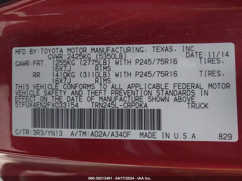 2015 TOYOTA TACOMA ACCESS CAB - 5TFUX4EN2FX033154