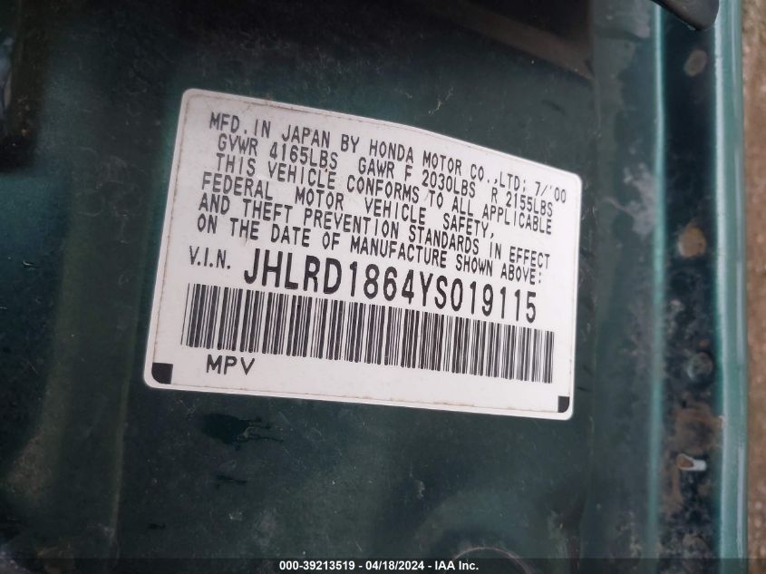 2000 Honda Cr-V Ex VIN: JHLRD1864YS019115 Lot: 39213519