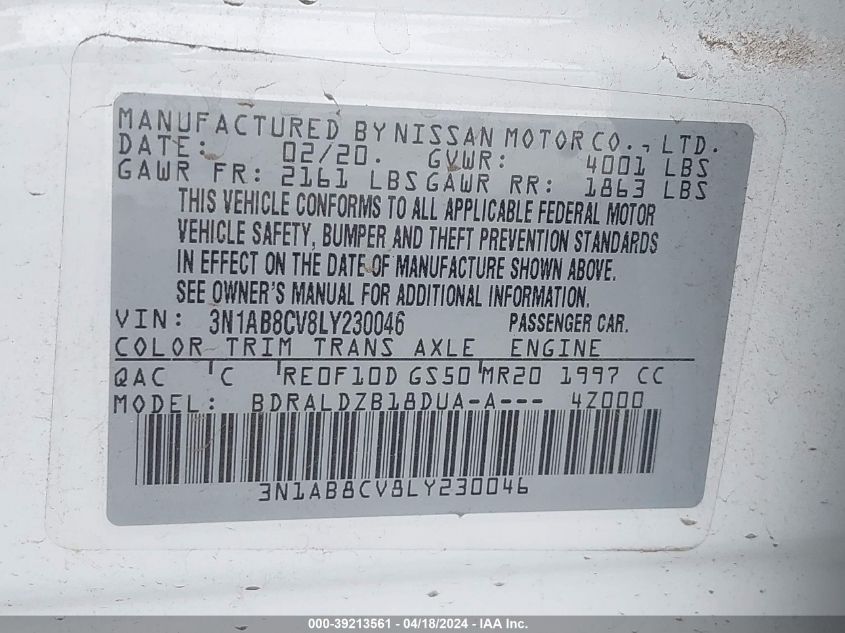 2020 Nissan Sentra Sv Xtronic Cvt VIN: 3N1AB8CV8LY230046 Lot: 39213561