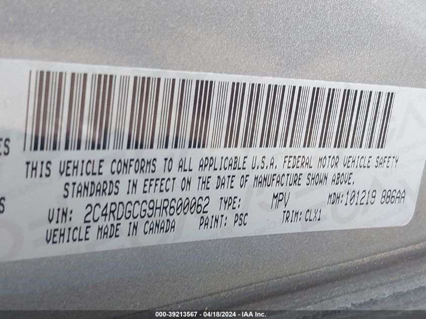 2017 Dodge Grand Caravan Sxt VIN: 2C4RDGCG9HR600062 Lot: 39213567