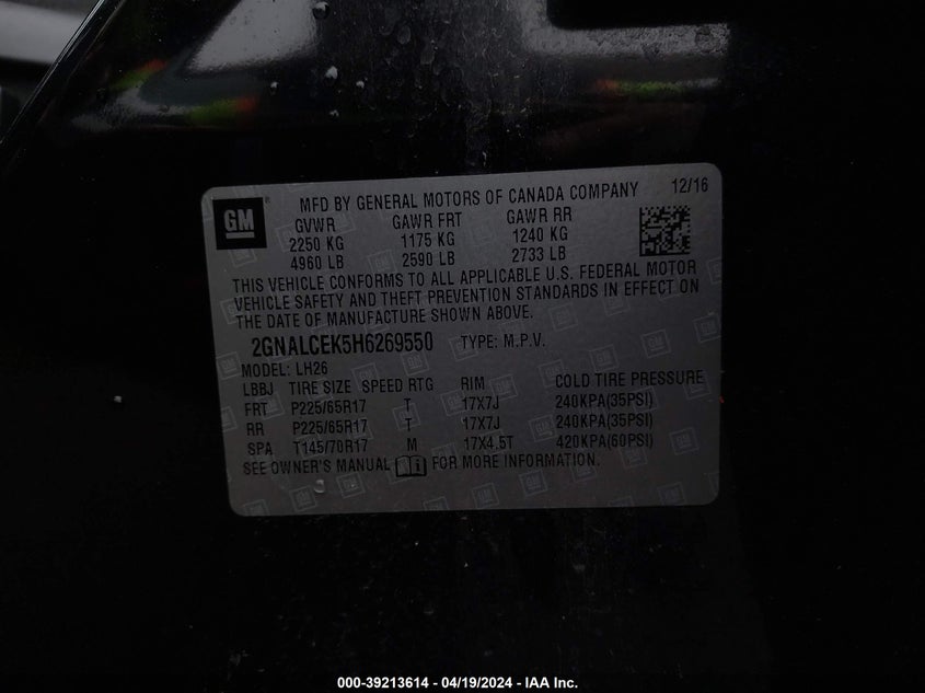 VIN 2GNALCEK5H6269550 2017 CHEVROLET EQUINOX LT