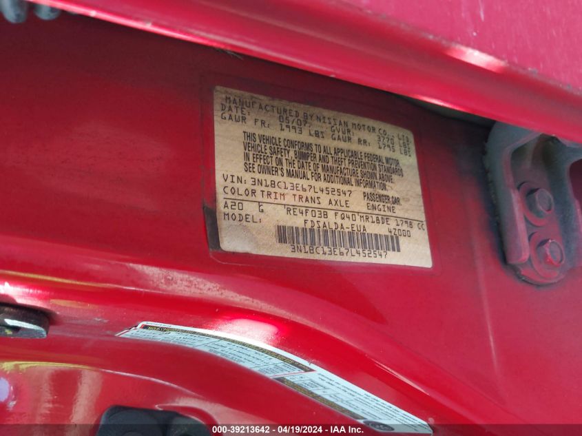 2007 Nissan Versa 1.8S VIN: 3N1BC13E67L452547 Lot: 39213642