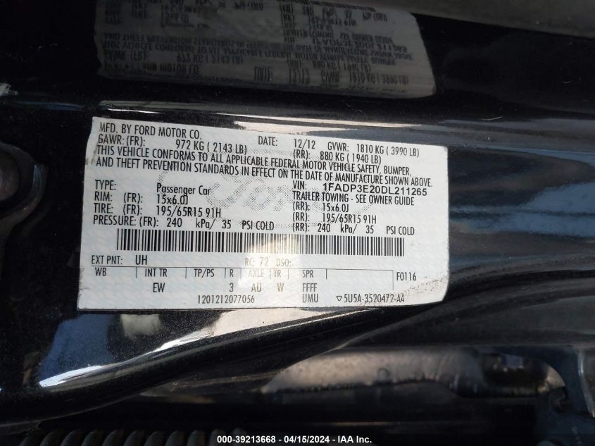 1FADP3E20DL211265 2013 Ford Focus S