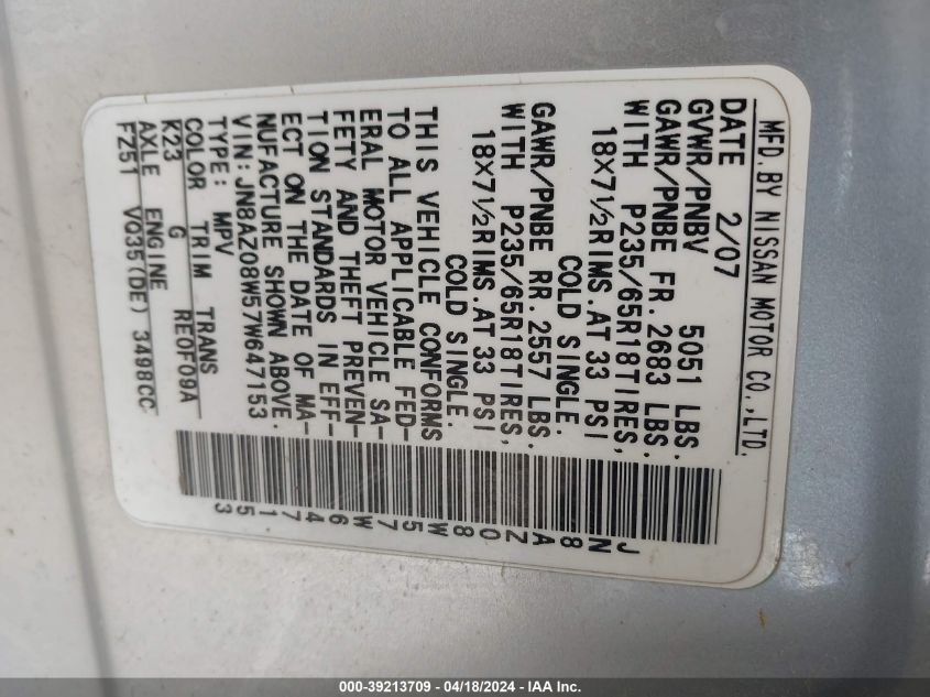 2007 Nissan Murano Sl VIN: JN8AZ08W57W647153 Lot: 39213709