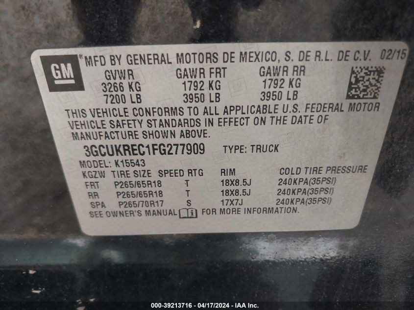 2015 Chevrolet Silverado 1500 2Lt VIN: 3GCUKREC1FG277909 Lot: 39213716