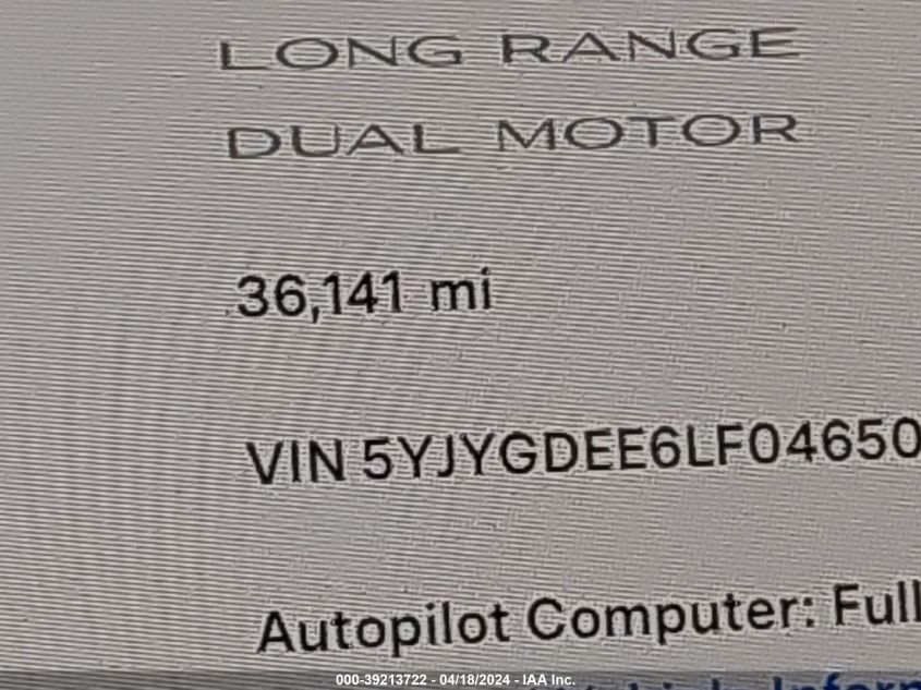 2020 Tesla Model Y Long Range Dual Motor All-Wheel Drive VIN: 5YJYGDEE6LF046500 Lot: 39213722