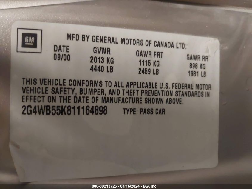 2001 Buick Regal Ls VIN: 2G4WB55K811164898 Lot: 39213725