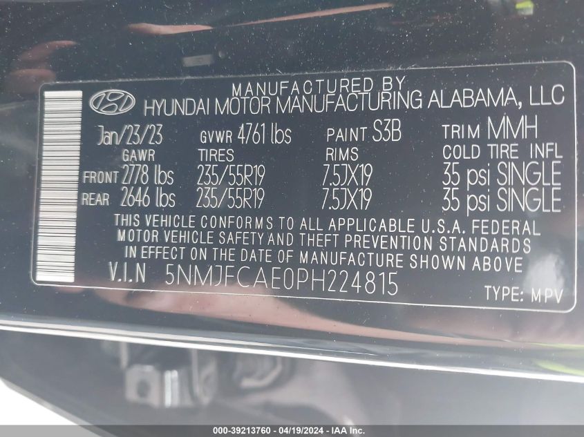 2023 Hyundai Tucson Sel VIN: 5NMJFCAE0PH224815 Lot: 39213760