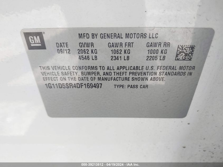 2013 Chevrolet Malibu Eco VIN: 1G11D5SR4DF169497 Lot: 39213812