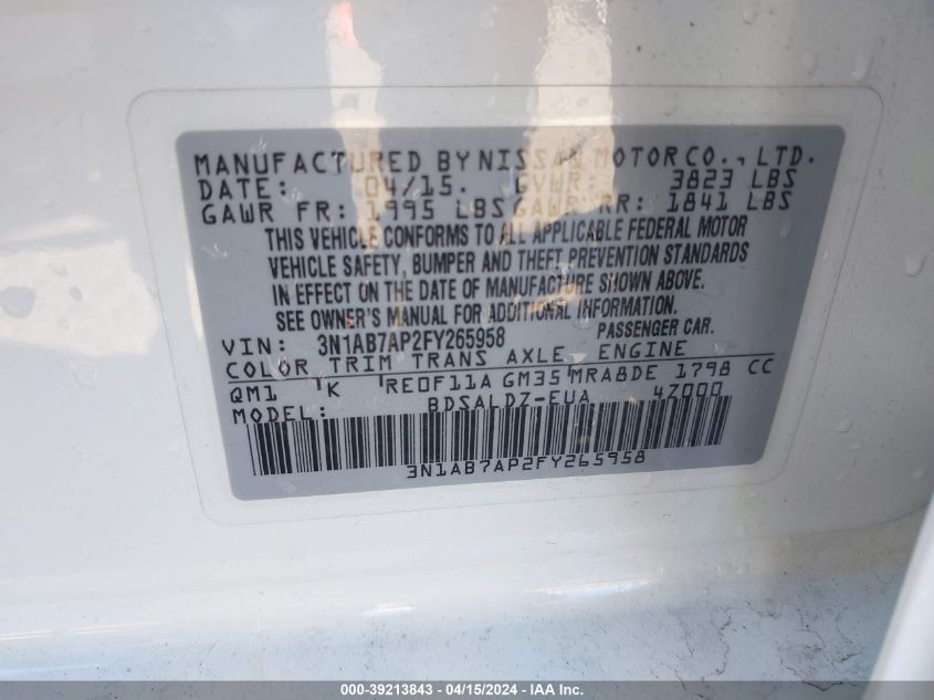 3N1AB7AP2FY265958 2015 Nissan Sentra Sv