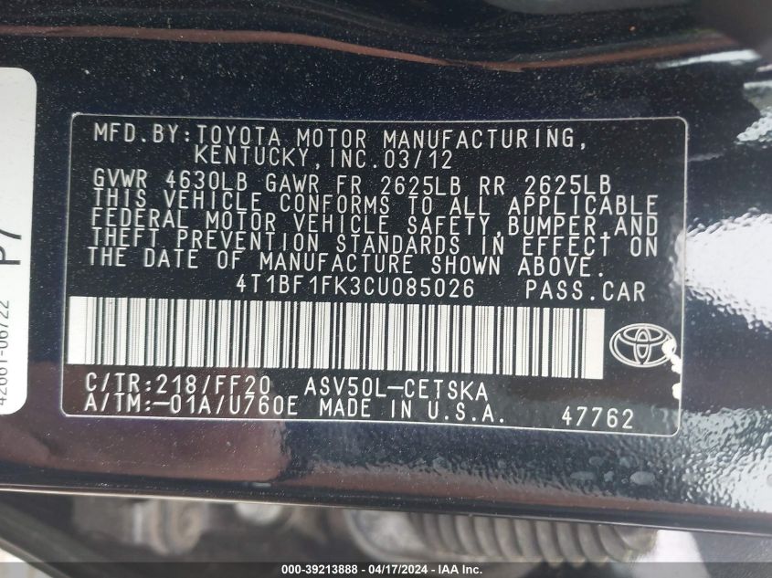 2012 Toyota Camry Se VIN: 4T1BF1FK3CU085026 Lot: 39213888