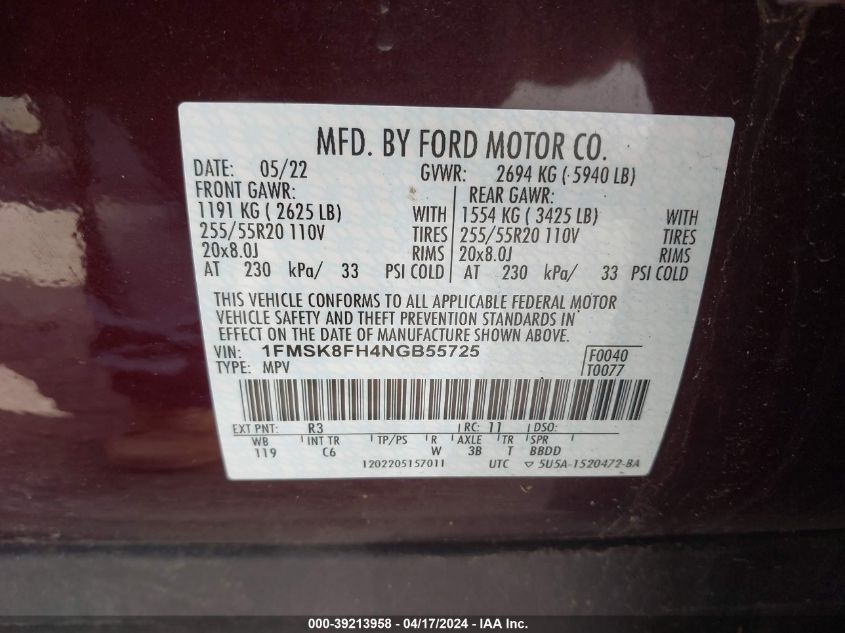 2022 Ford Explorer Limited VIN: 1FMSK8FH4NGB55725 Lot: 39213958