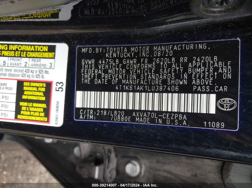 2020 Toyota Camry Xse VIN: 4T1K61AK1LU387406 Lot: 39214007
