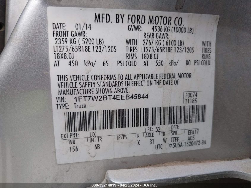 2014 Ford F-250 VIN: 1FT7W2BT4EEB45844 Lot: 39214019