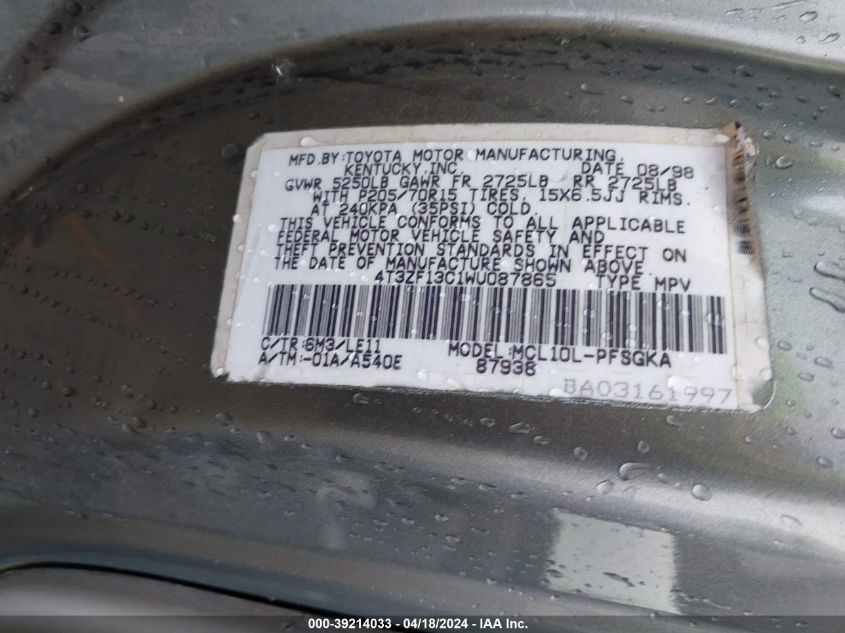 1998 Toyota Sienna Xle VIN: 4T3ZF13C1WU087865 Lot: 49682624