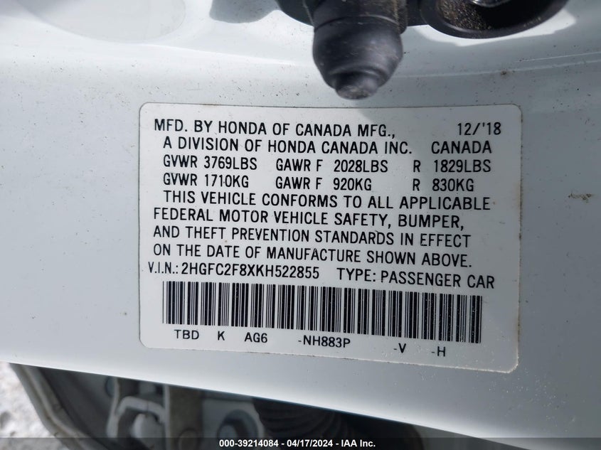 VIN 2HGFC2F8XKH522855 2019 HONDA CIVIC SPORT