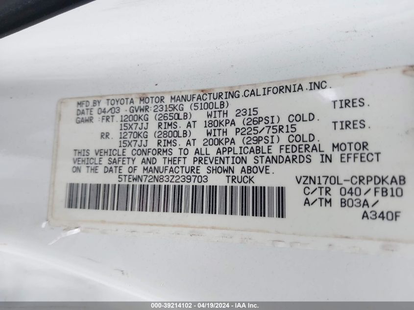 2003 Toyota Tacoma Base V6 VIN: 5TEWN72N83Z239703 Lot: 39214102