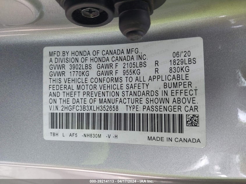 VIN 2HGFC3B3XLH352658 2020 HONDA CIVIC EX