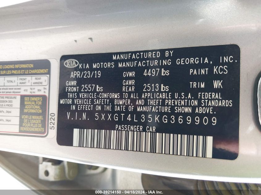 2019 Kia Optima Lx VIN: 5XXGT4L35KG369909 Lot: 39214150