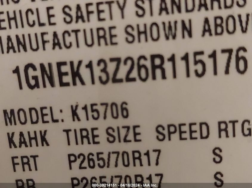 2006 Chevrolet Tahoe Lt VIN: 1GNEK13Z26R115176 Lot: 39240027