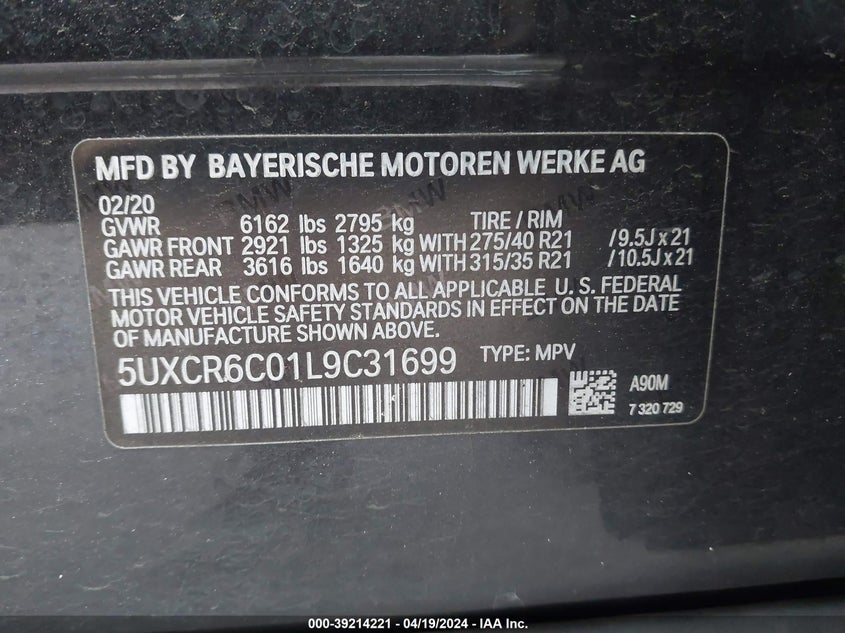 VIN 5UXCR6C01L9C31699 2020 BMW X5 XDRIVE40I