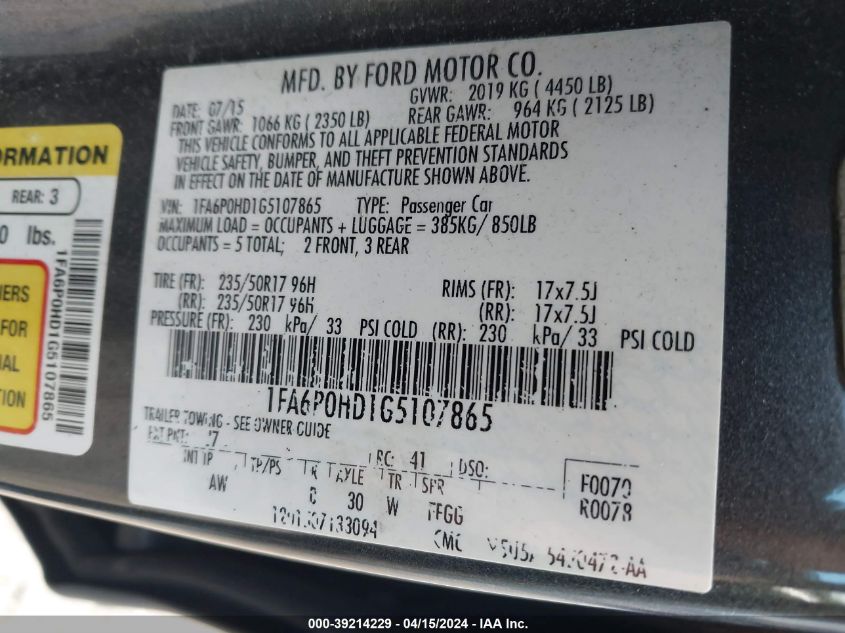 1FA6P0HD1G5107865 | 2016 FORD FUSION