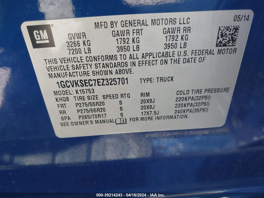 2014 Chevrolet Silverado 1500 1Lz VIN: 1GCVKSEC7EZ325701 Lot: 39214243