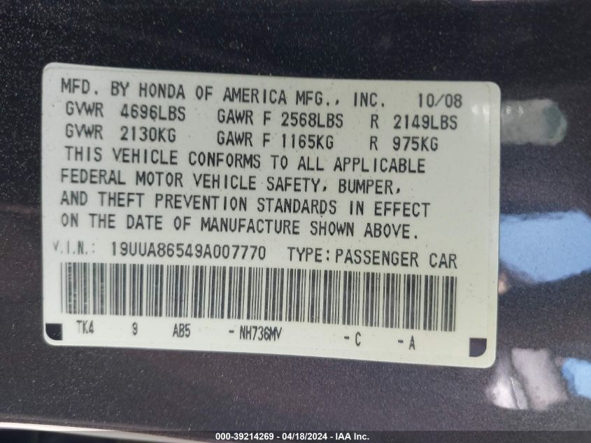 2009 Acura Tl 3.5 VIN: 19UUA86549A007770 Lot: 39214269