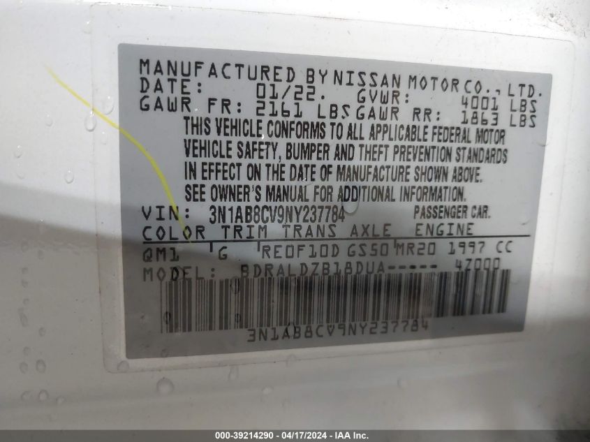 2022 Nissan Sentra Sv Xtronic Cvt VIN: 3N1AB8CV9NY237784 Lot: 39214290