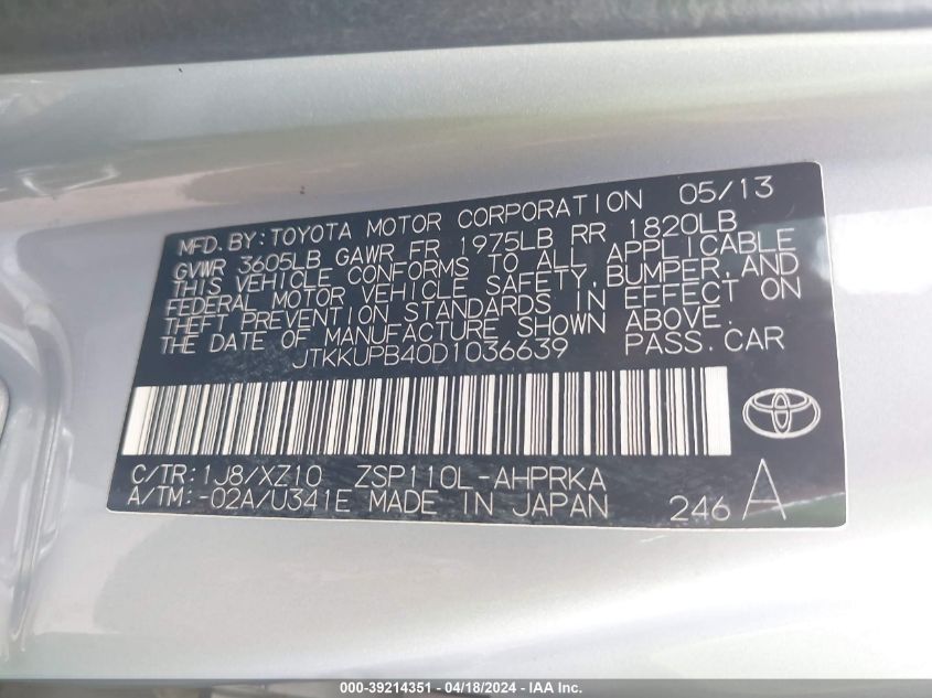 2013 Scion Xd 10 Series VIN: JTKKUPB40D1036639 Lot: 39240231