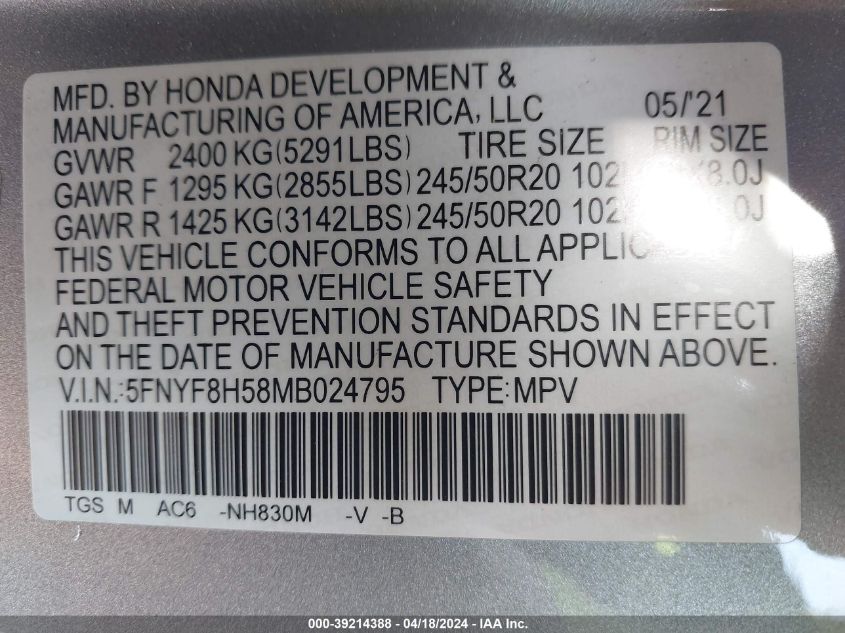 2021 Honda Passport Awd Ex-L VIN: 5FNYF8H58MB024795 Lot: 39214388